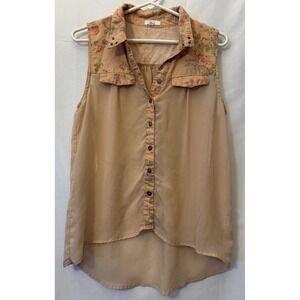 MINE WOMEN'S Peachy‎ Sheer Collared Tank Top BUTTON DOWN High Low SHIRT SIZE L